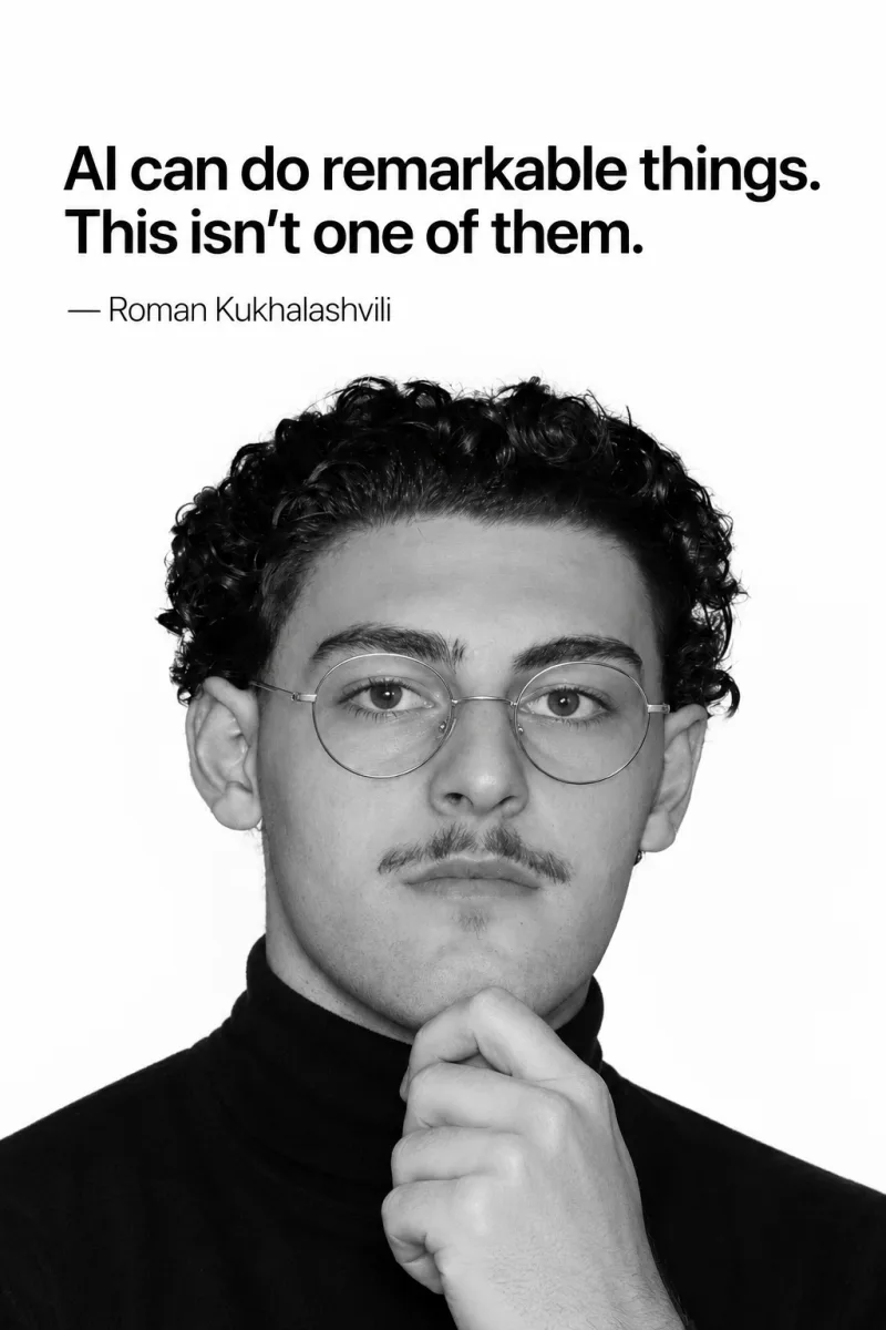 Black-and-white portrait of Kukhalashvili beneath the quote "AI can do remarkable things. This isn't one of them."