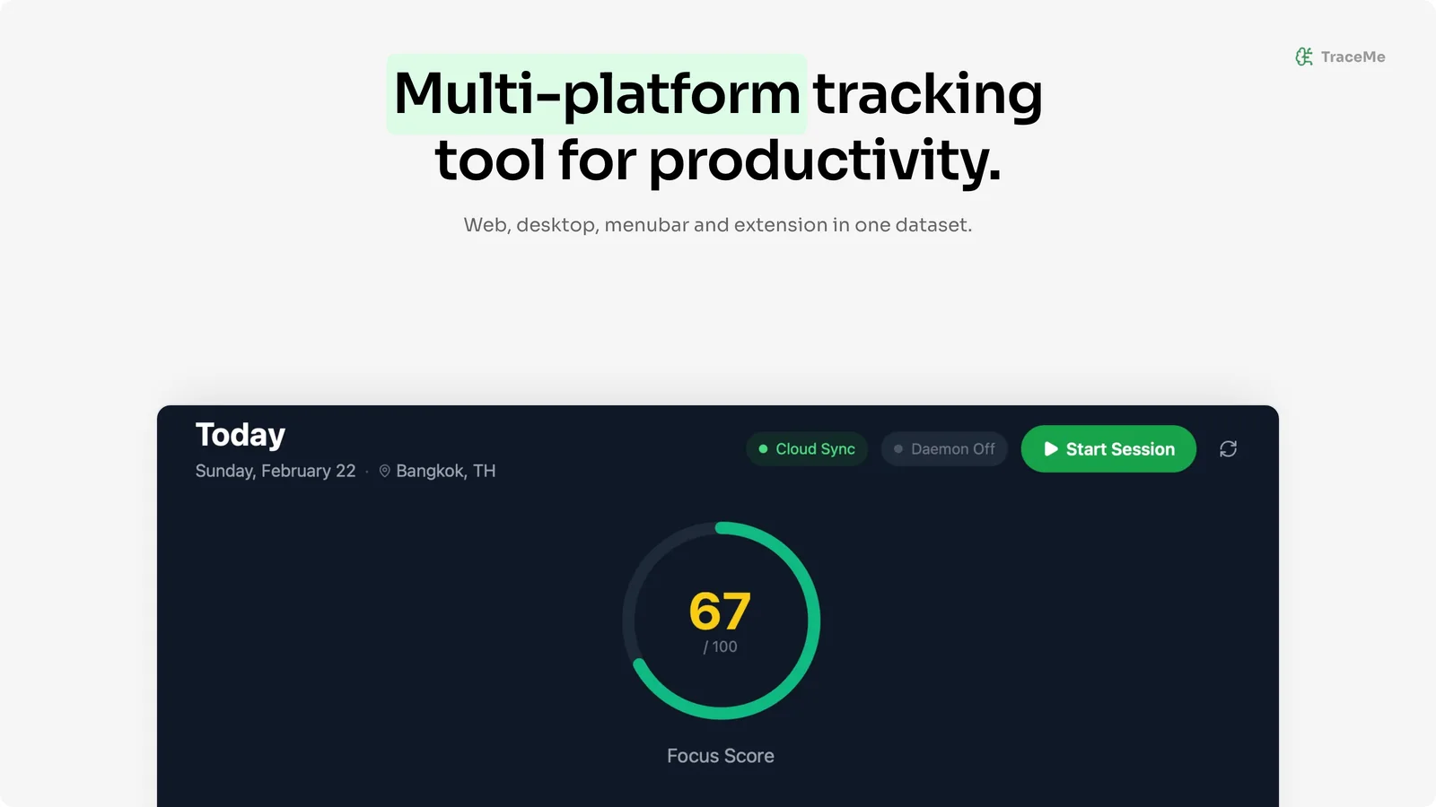 The TraceMe dashboard, showing a focus score and activity breakdown